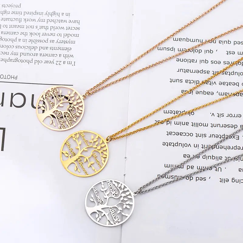 Personalized Tree of Life Shape Titanium Name Necklace in Gold