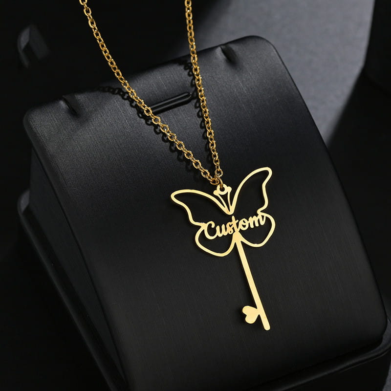 Love Butterfly Key Pendant Necklace in Stainless Steel Jewelry