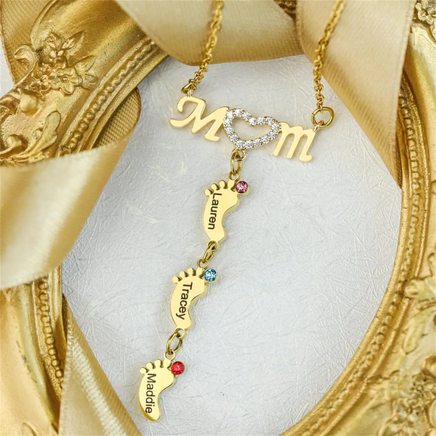 Personalized MOM Necklace with Foot Engraving and Birthstone Options