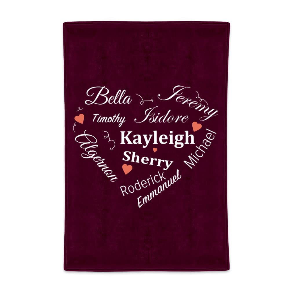 Maroon towel featuring heart-shaped name design from Personalized Name Blanket.