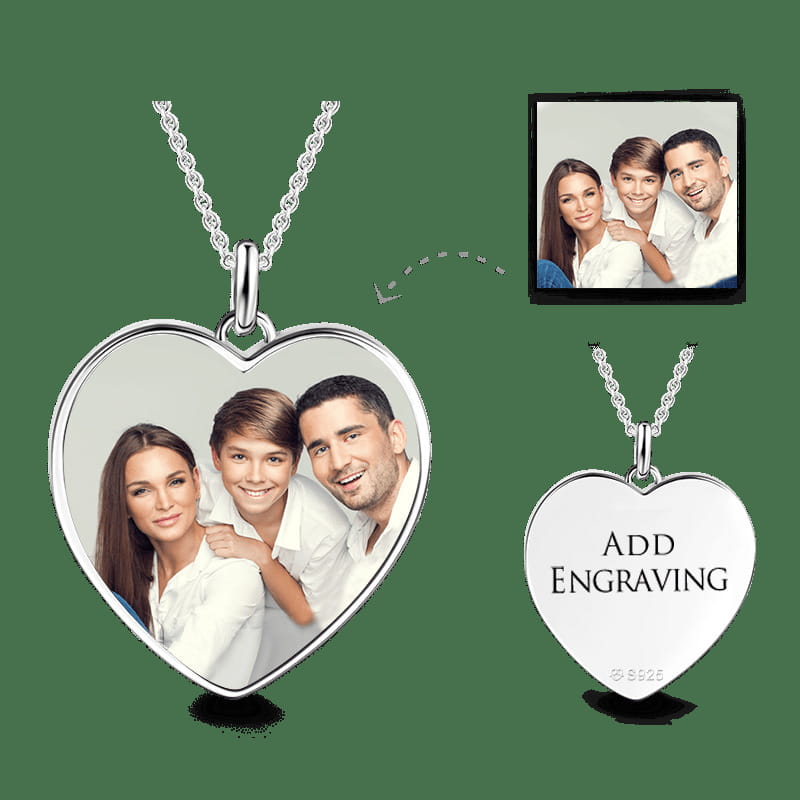 Heart Shaped Personalized Silver Necklace with Photo Engraving