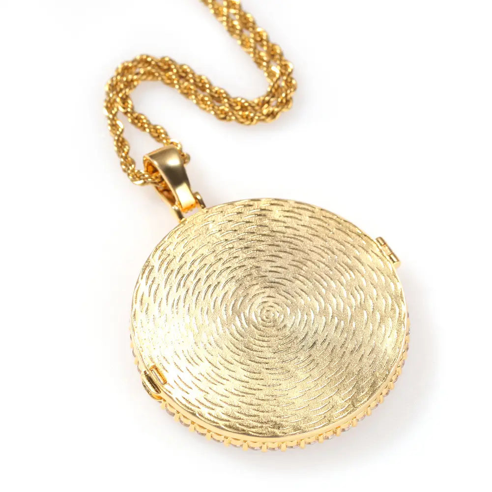 Gold-toned circular locket necklace with micro inlaid cubic for personalized photo pendant