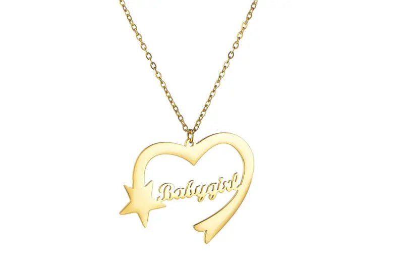 Gold Love Heart Shaped Necklace with Personalized Cut Name featuring Babygirl design.
