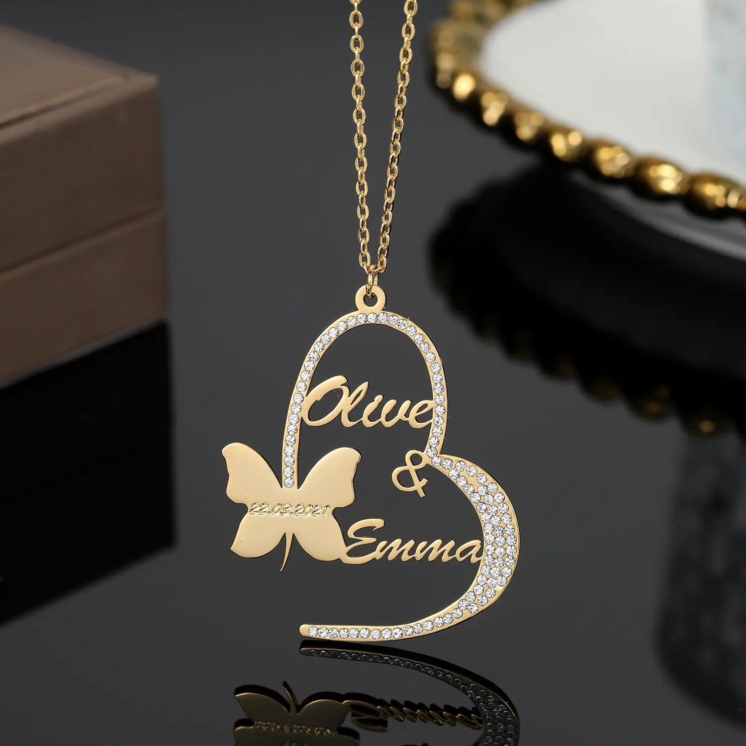 DIY Name Butterfly Necklace in Stainless Steel with Peach Heart