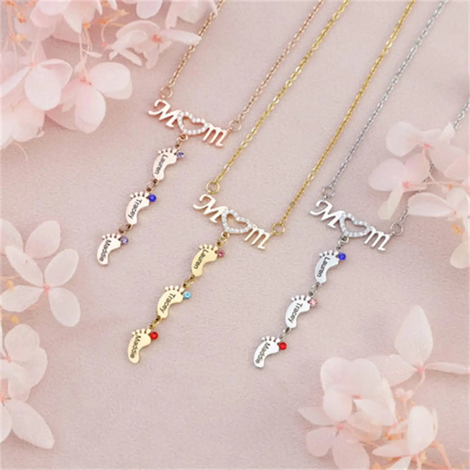 Personalized MOM Necklace with Foot Engraving and Birthstone Options