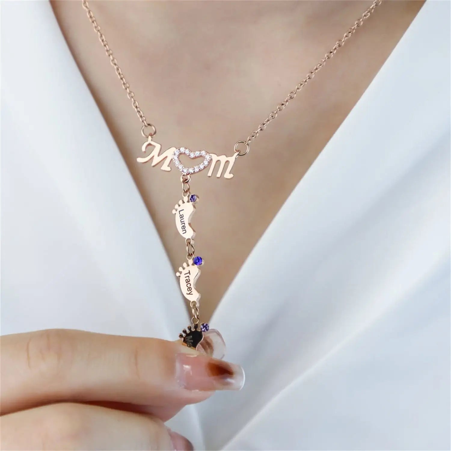 Personalized MOM Necklace with Foot Engraving and Birthstone Options