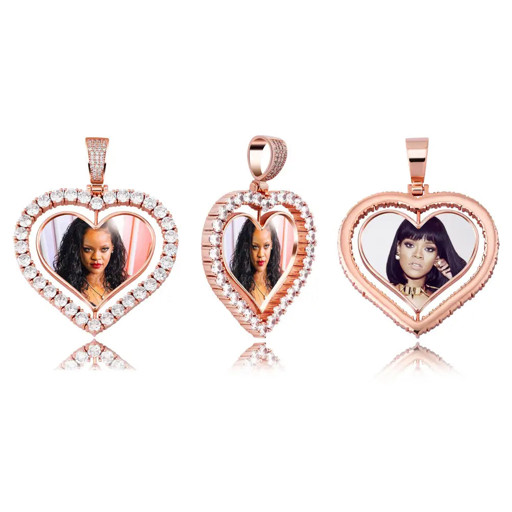 Gold Heart-Shaped Zircon Solid Pendant featuring a Love Photo Custom Design for personalization