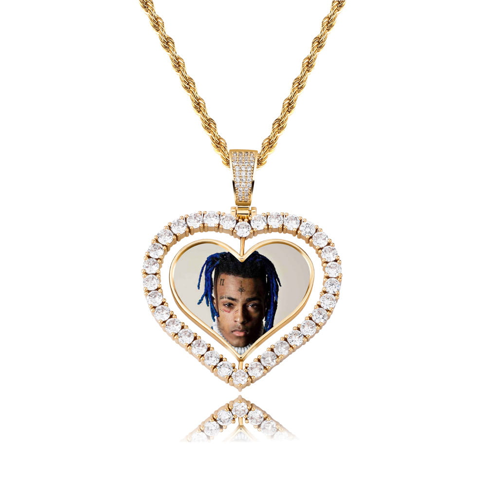Gold Heart-Shaped Zircon Solid Pendant with Love Photo Custom Design showcasing elegance