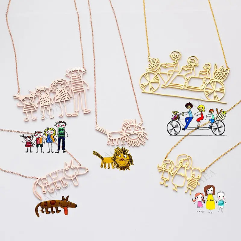 Custom baby hand drawing necklaces featuring unique pendants on durable chain material.