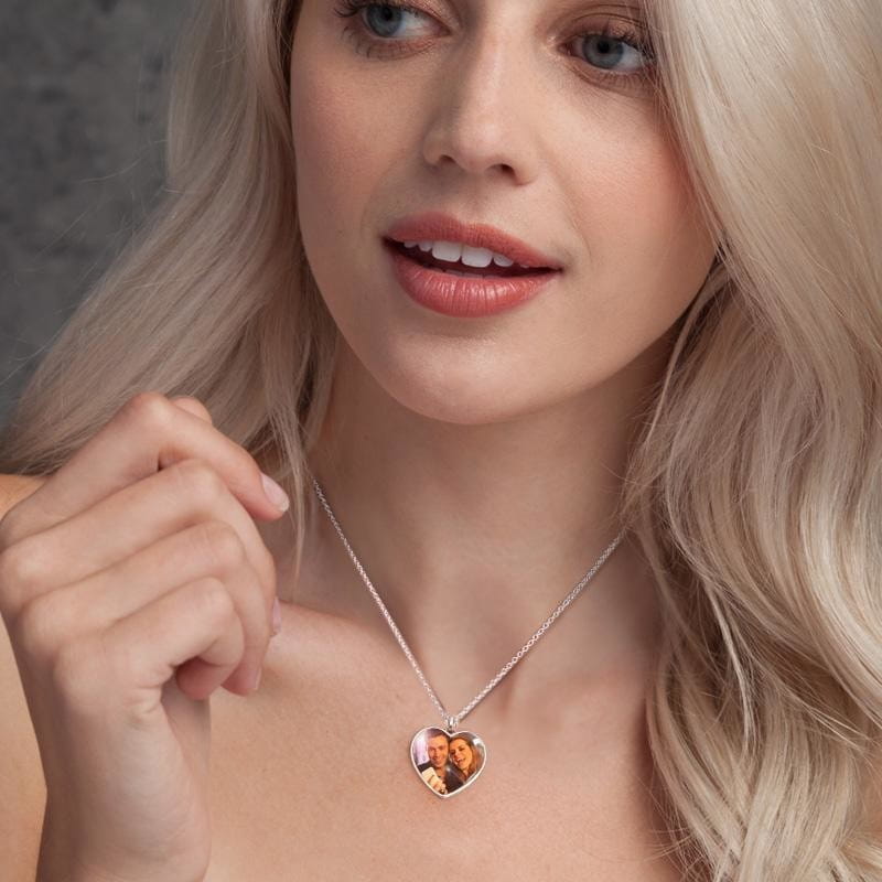 Heart Shaped Personalized Silver Necklace with Photo Engraving