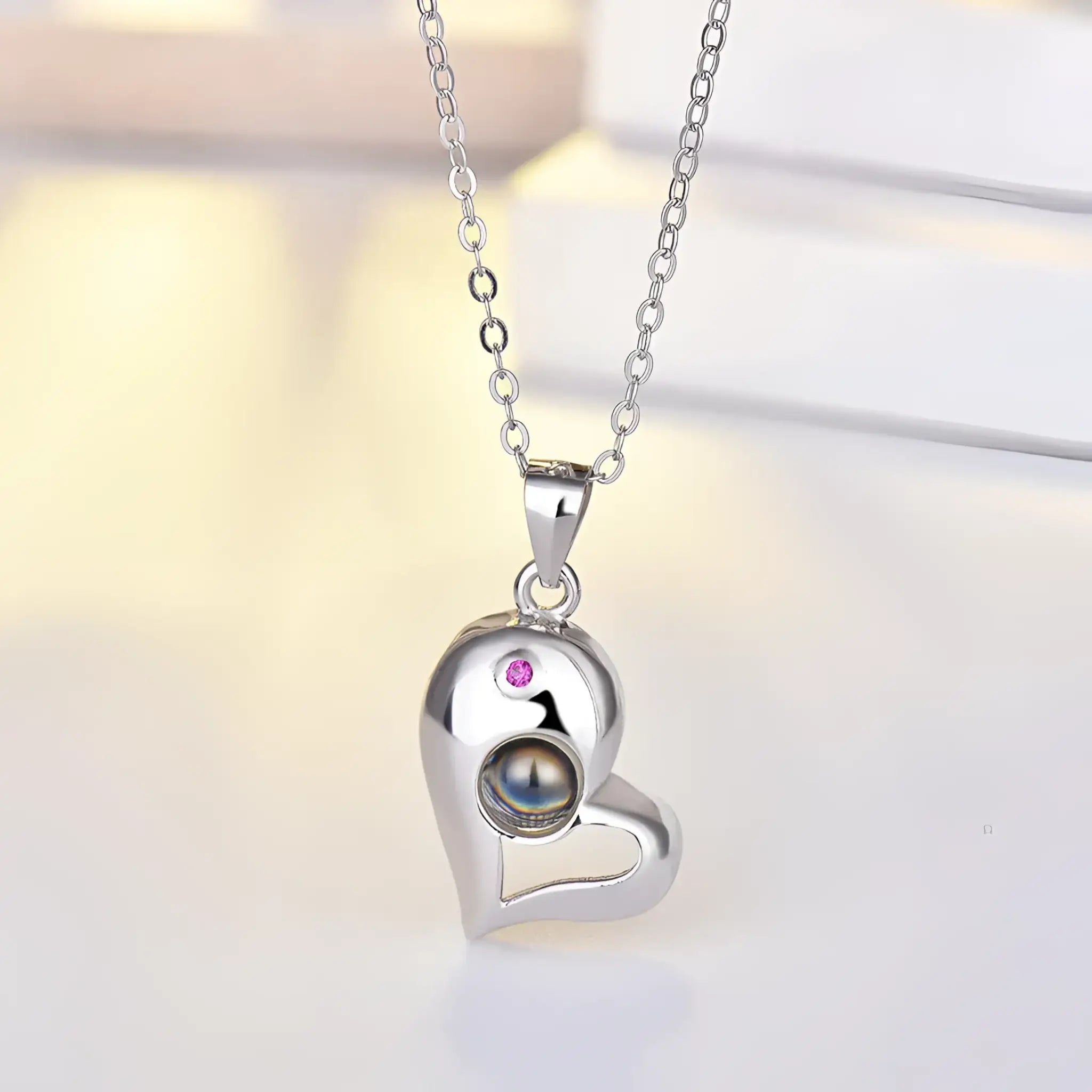 925 Silver Heart-shaped Photo Projection Couple necklaces - silver - 7