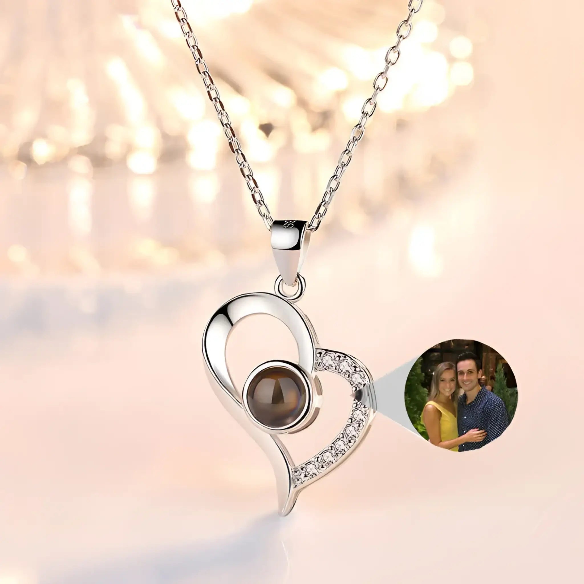 925 Silver Projection Color Photo Heart Necklace - Silver - 7