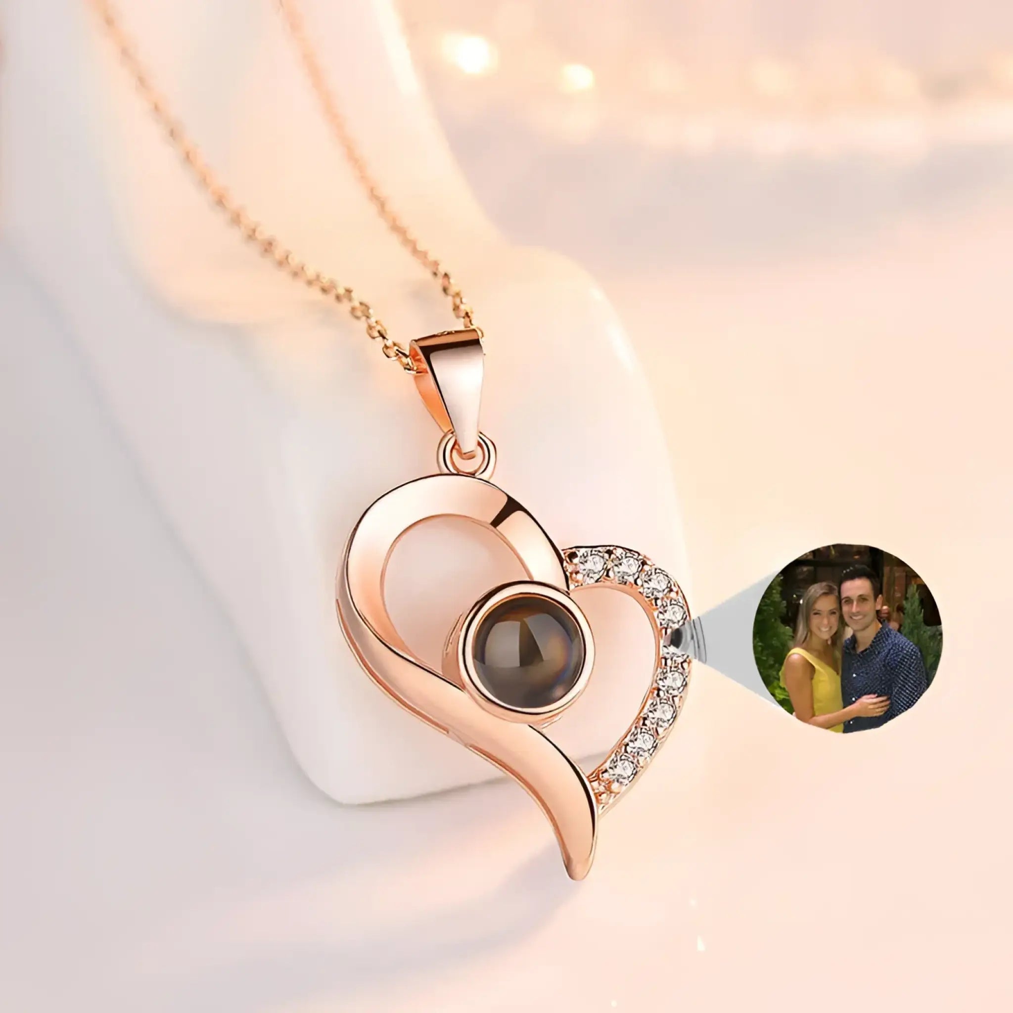 925 Silver Projection Color Photo Heart Necklace - Rose Gold - 7