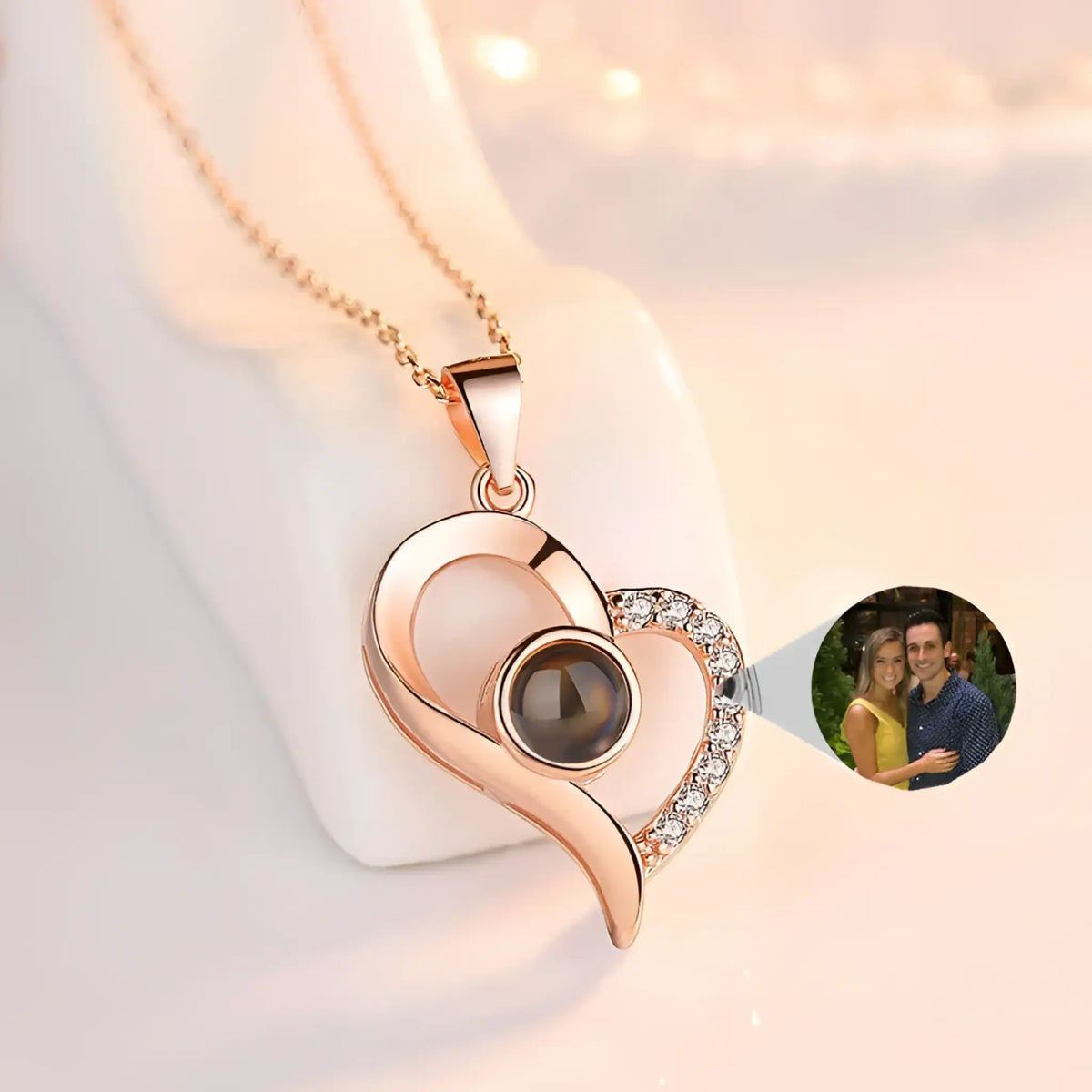925 Silver Projection Color Photo Heart Necklace - Rose Gold - 7