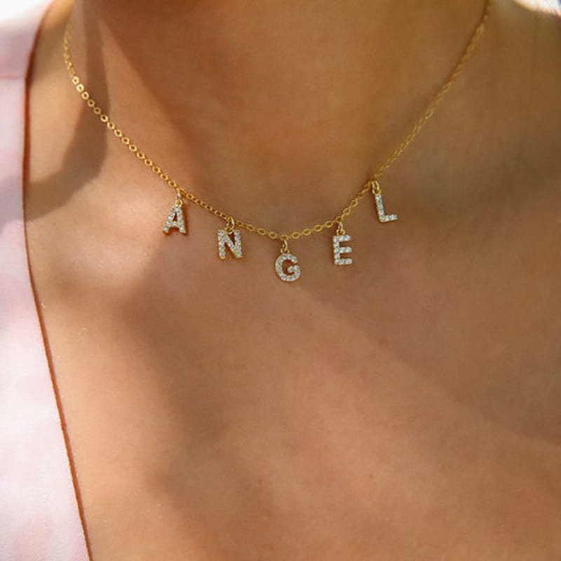 Gold Angel Pendant Necklace in Zircon Letter Design for a DIY Personalized Touch