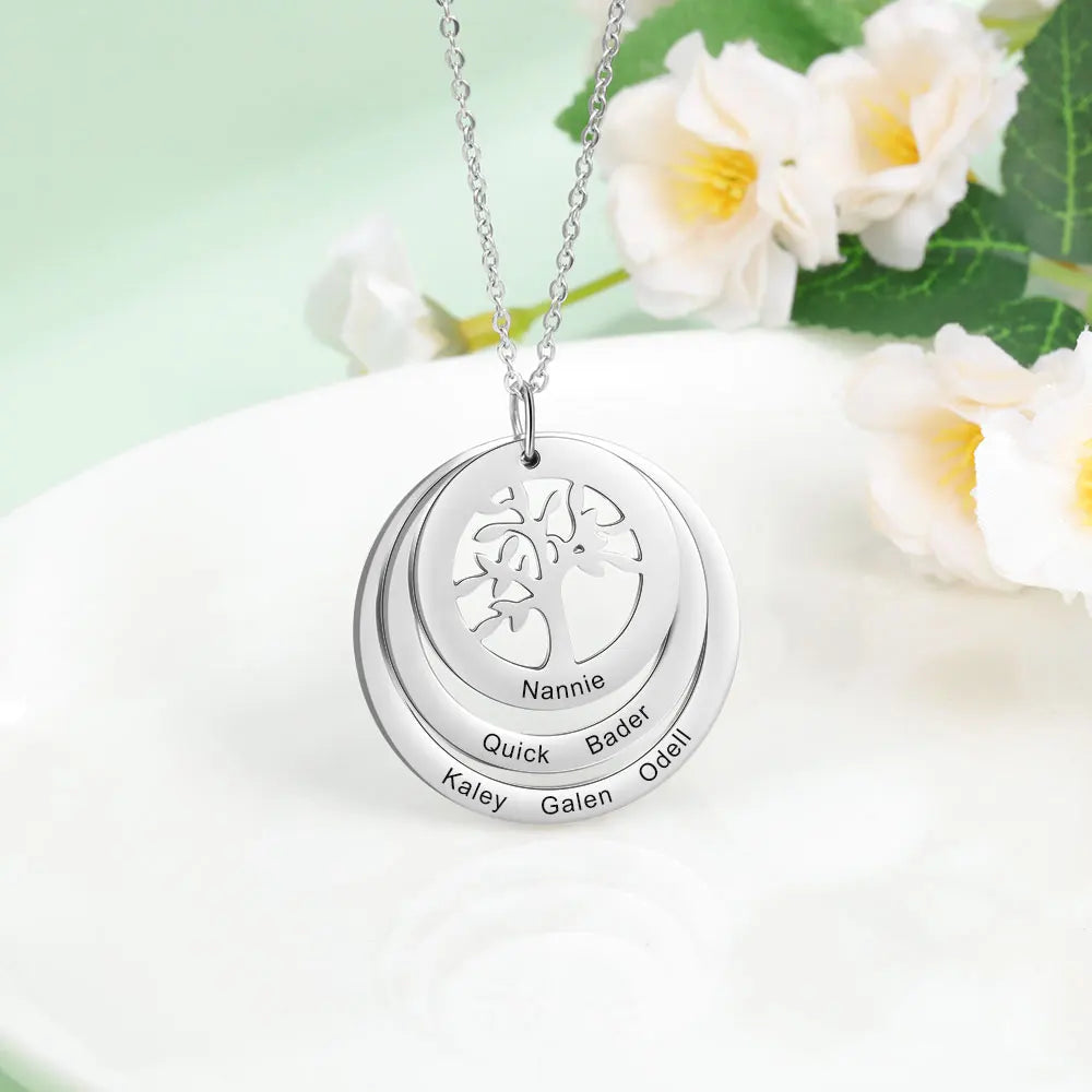 Personalized 6 Names Engraving Tree of Life Pendant Necklace Customized Stainless Steel Round Pendants for Women Gifts