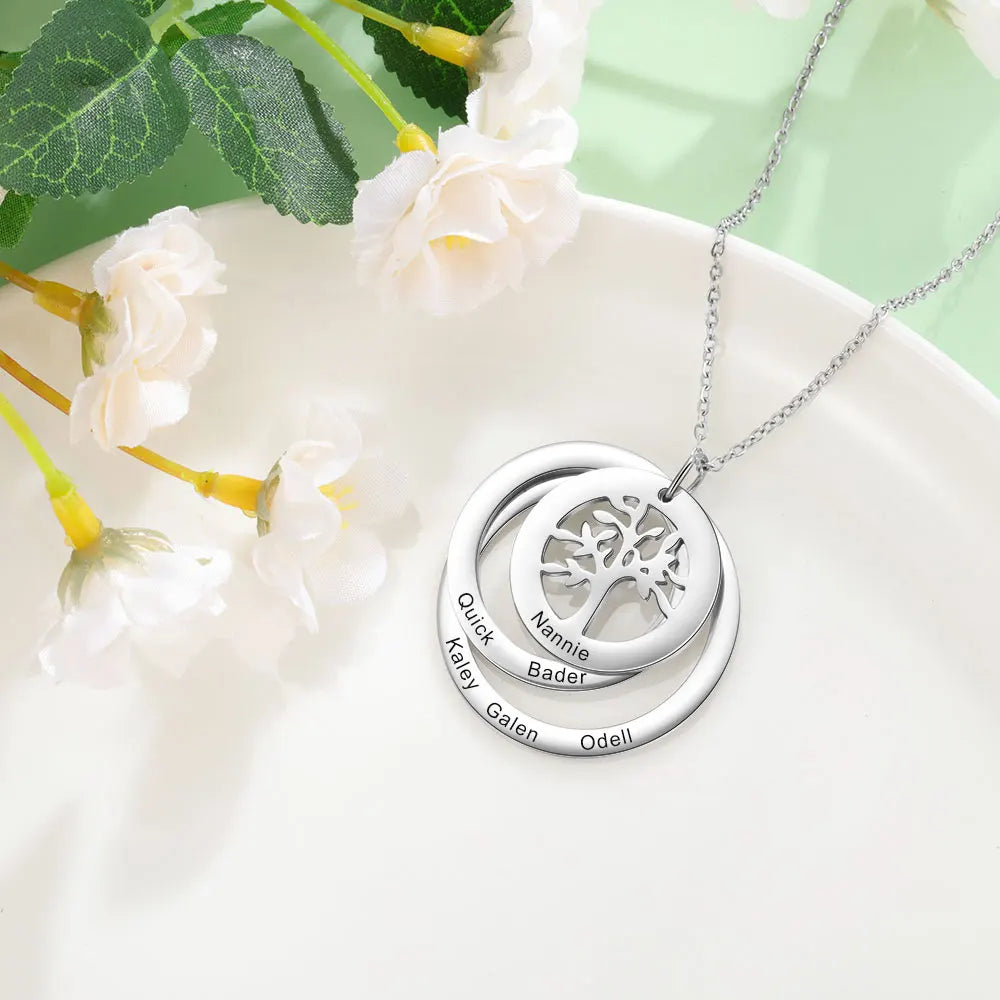 Personalized 6 Names Engraving Tree of Life Pendant Necklace Customized Stainless Steel Round Pendants for Women Gifts