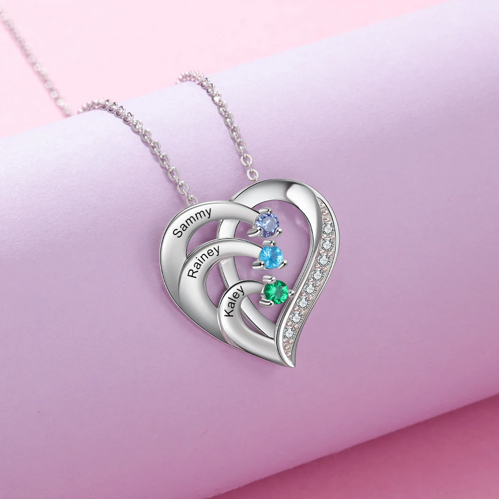 925 Sterling Silver Personalized Heart Necklace with 2-6 Birthstones Custom Engraved Name Mothers Pendant Christmas Gift for Her