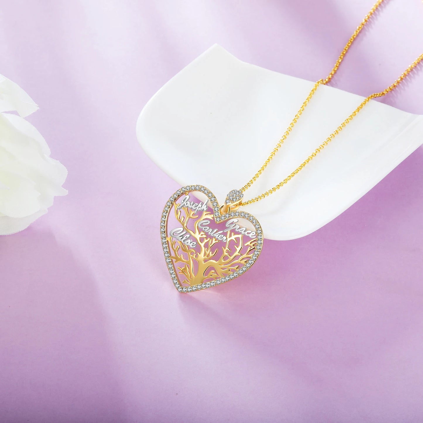 Customized Multi-name Mixed Color Heart Necklace Personalized Family Tree of Life Nameplate Pendant Jewelry Gift for Women