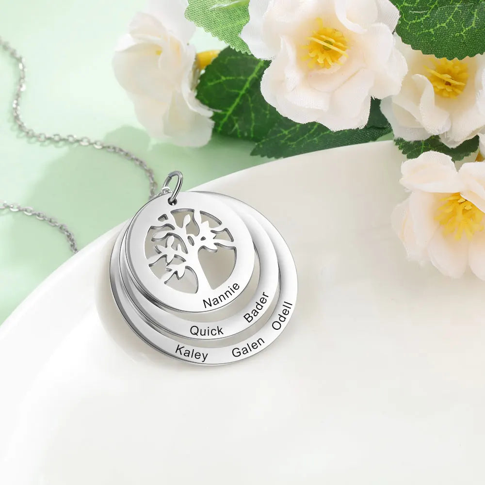 Personalized 6 Names Engraving Tree of Life Pendant Necklace Customized Stainless Steel Round Pendants for Women Gifts