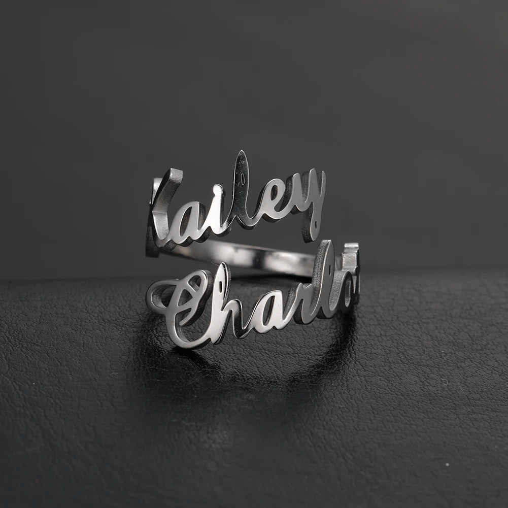 Personalised Custom Double Name Rings Stainless Steel Open Adjustable Couple Ring for Loved One Christmas New Year Gift