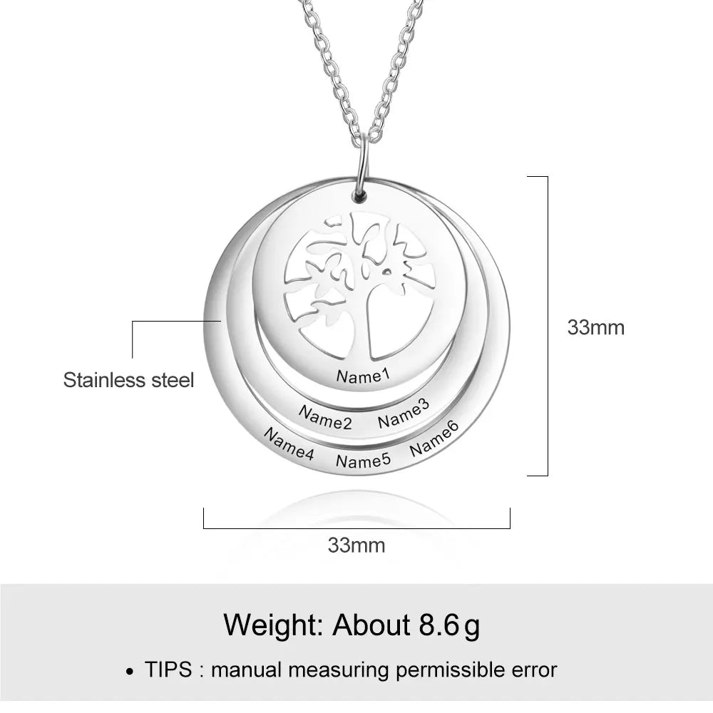 Personalized 6 Names Engraving Tree of Life Pendant Necklace Customized Stainless Steel Round Pendants for Women Gifts