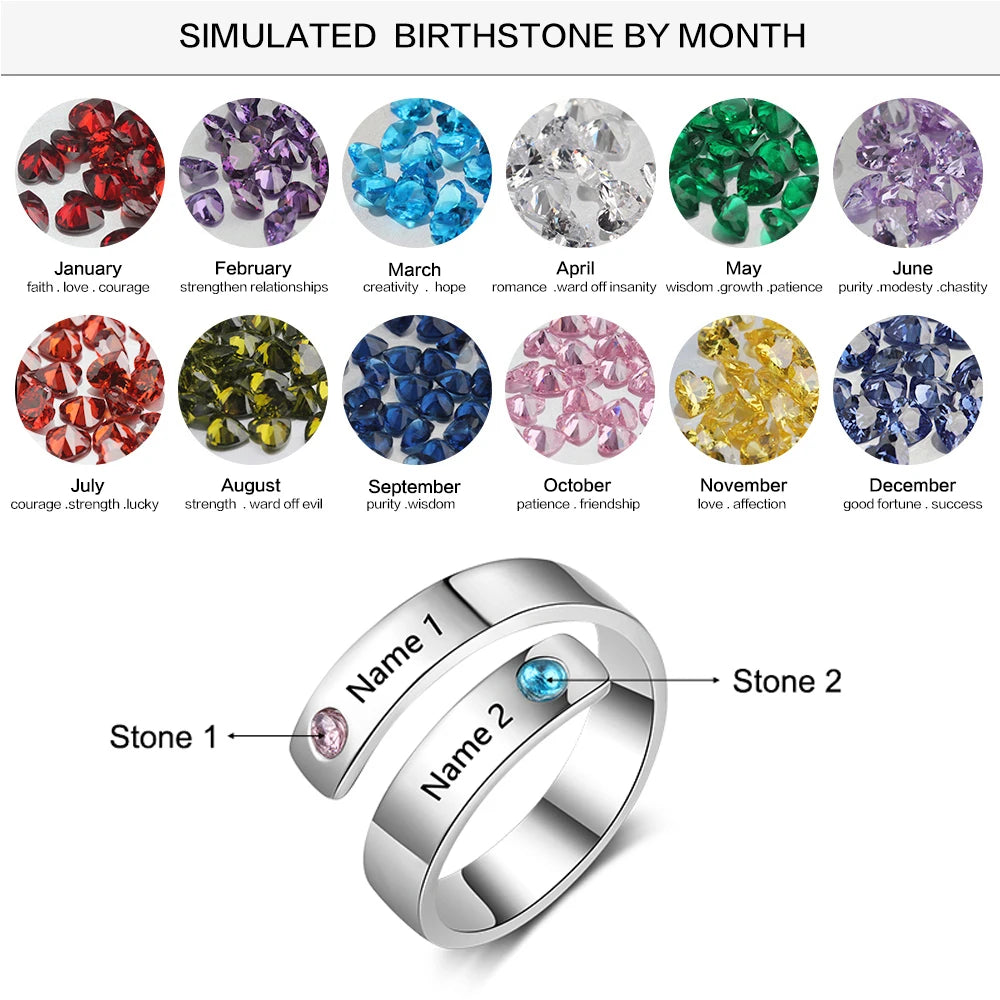 Personalized Birthstone Ring Engraved 2 Name Custom Promise Ring Anniversary Jewelry Gift for Women and Couples