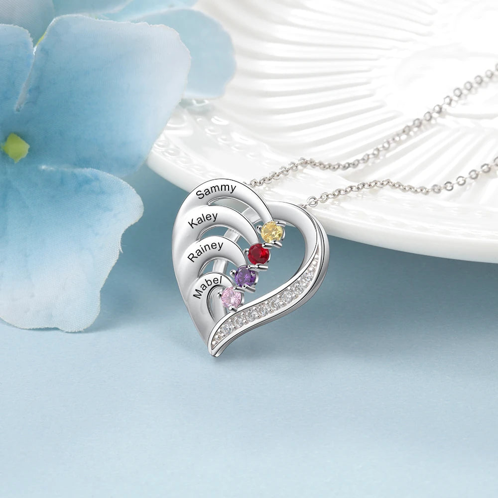 925 Sterling Silver Personalized Heart Necklace with 2-6 Birthstones Custom Engraved Name Mothers Pendant Christmas Gift for Her