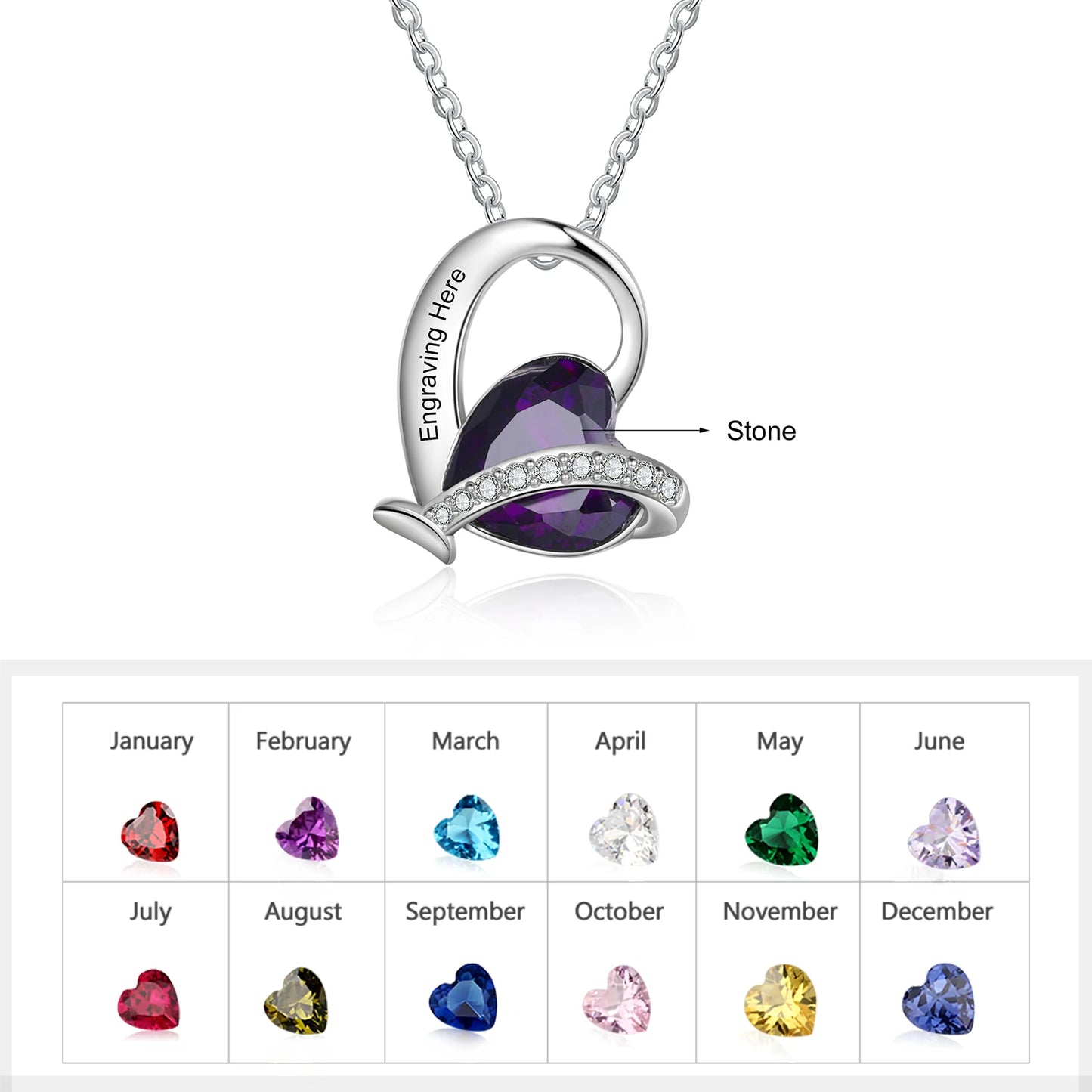 Personalized Engraving Pendant Necklace with Heart Birthstone Customized Mother Necklaces Anniversary Gifts