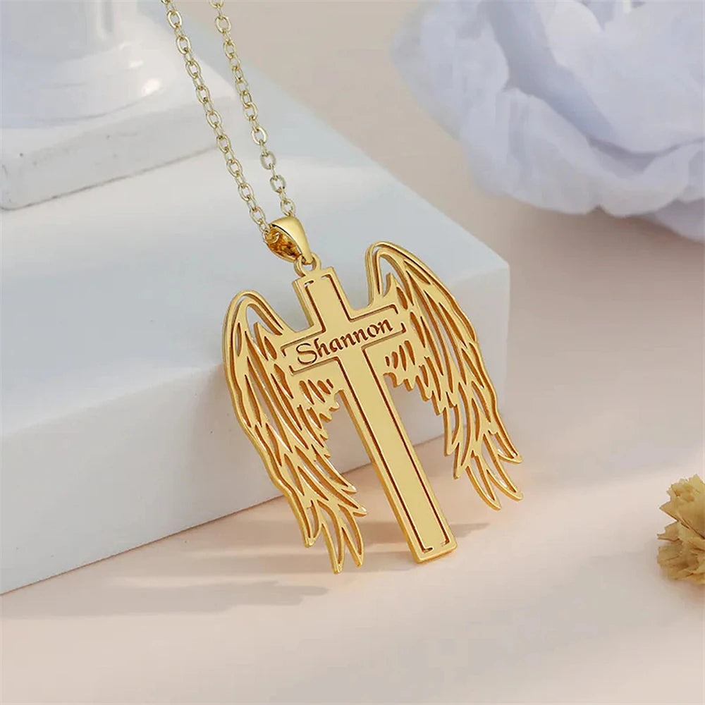 Custom Angel Wing Cross Name Necklace for Women Gold Memorial Jewelry Name Necklace With Angel Wings Personalized Jewelry