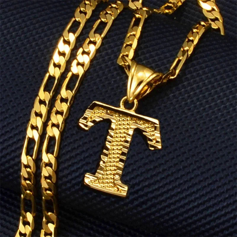 A-Z Letters Pendant Necklaces For Women Men Girls English Initial Alphabet Figaro Chains Gold Color Jewelry Couple Summer