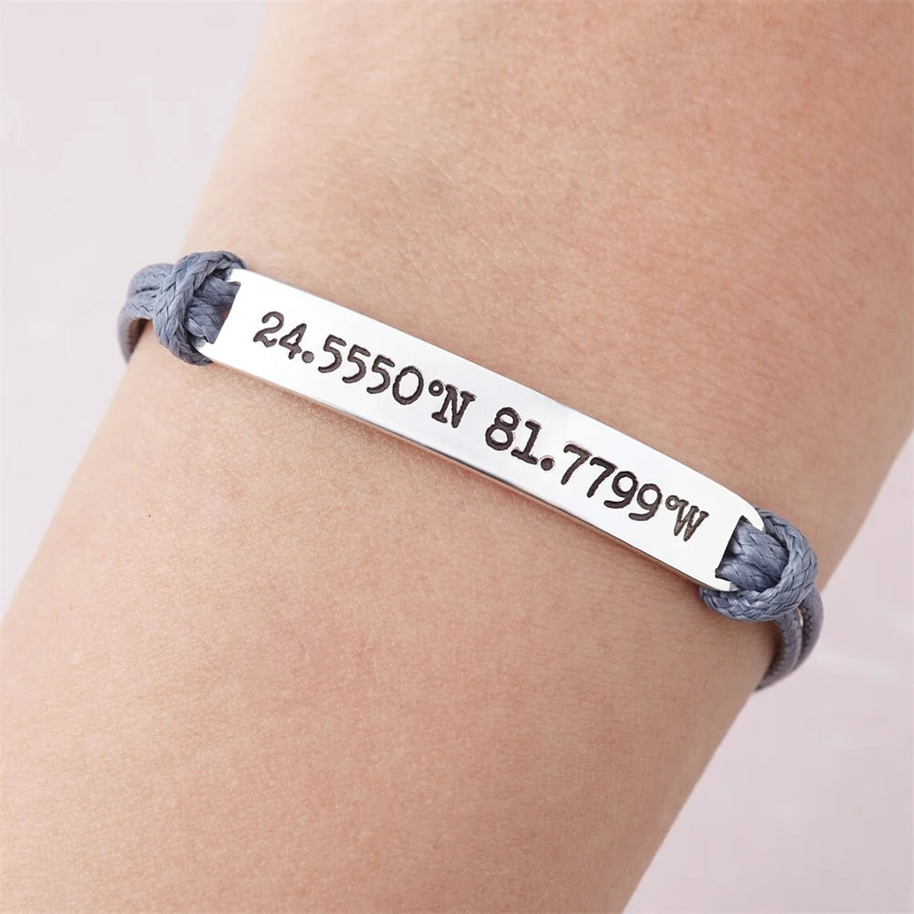 Personalized Rope Adjustable Bracelet Custom Longitude Latitude Lettering GPS Stainless Steel Bracelet for Lover's Best Gift