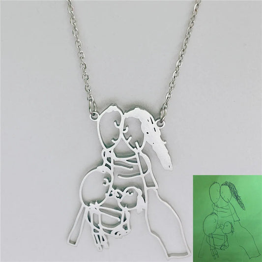 Custom Kids Drawing Necklace Stainless Stee Personalized Children Artwork Pendant for Kids Mom Family Jewelry Gifts