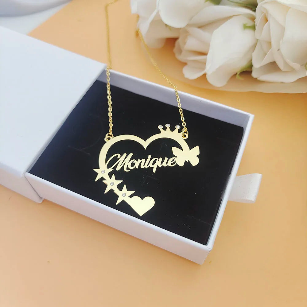 Custom Name Necklace/Stainless Steel Name Pendant ,Necklace with Butterflies and Stars Heart Jewelry gifts