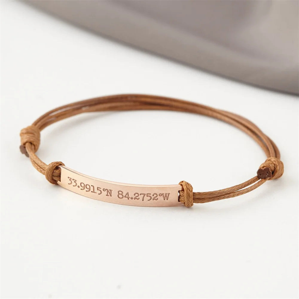 Personalized Rope Adjustable Bracelet Custom Longitude Latitude Lettering GPS Stainless Steel Bracelet for Lover's Best Gift