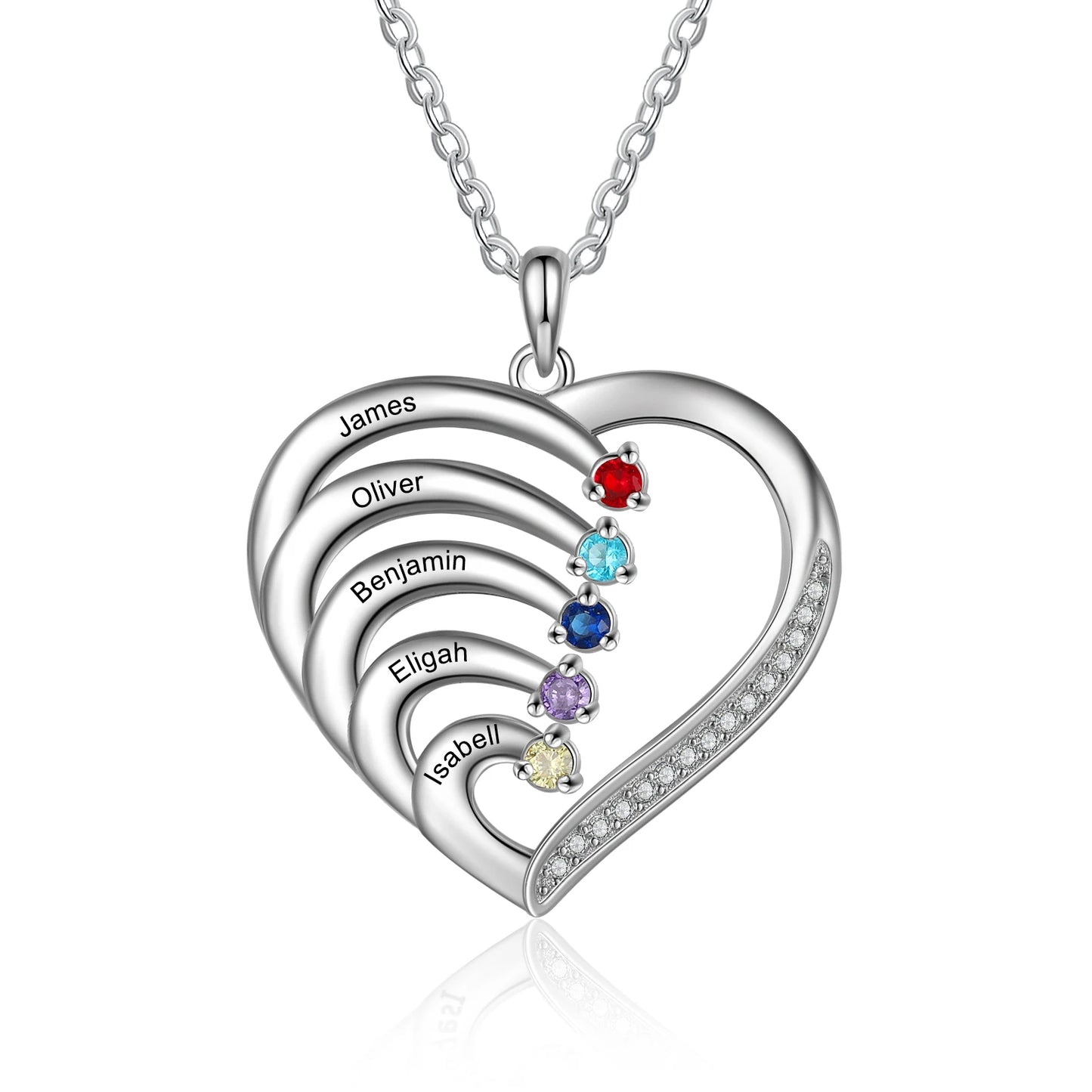 925 Sterling Silver Personalized Heart Necklace with 2-6 Birthstones Custom Engraved Name Mothers Pendant Christmas Gift for Her