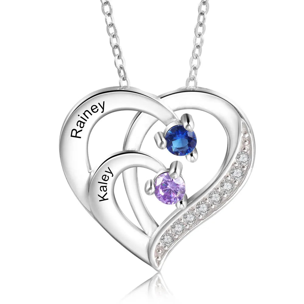 925 Sterling Silver Personalized Heart Necklace with 2-6 Birthstones Custom Engraved Name Mothers Pendant Christmas Gift for Her