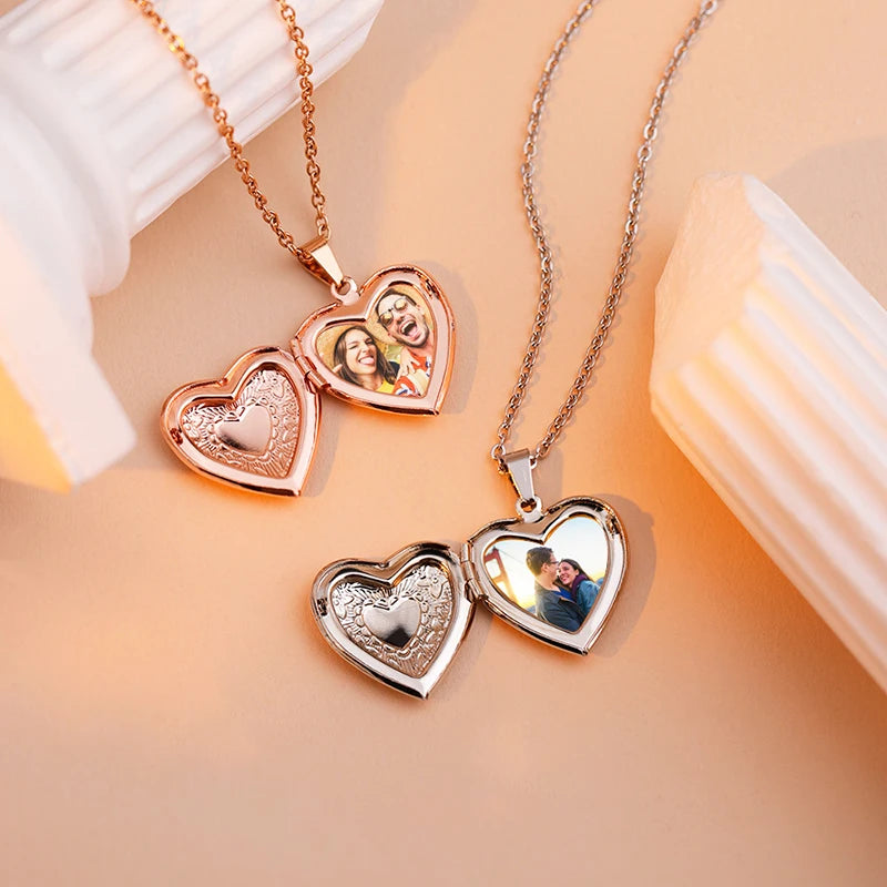 Personalized Locket Necklace Custom Photo Text Heart Necklace Engraved Name Stainless Steel Heart Shape Pendant Necklace Jewelry