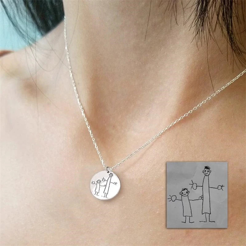 Custom Kids Drawing Necklace Stainless Stee Personalized Children Artwork Pendant for Kids Mom Family Jewelry Gifts