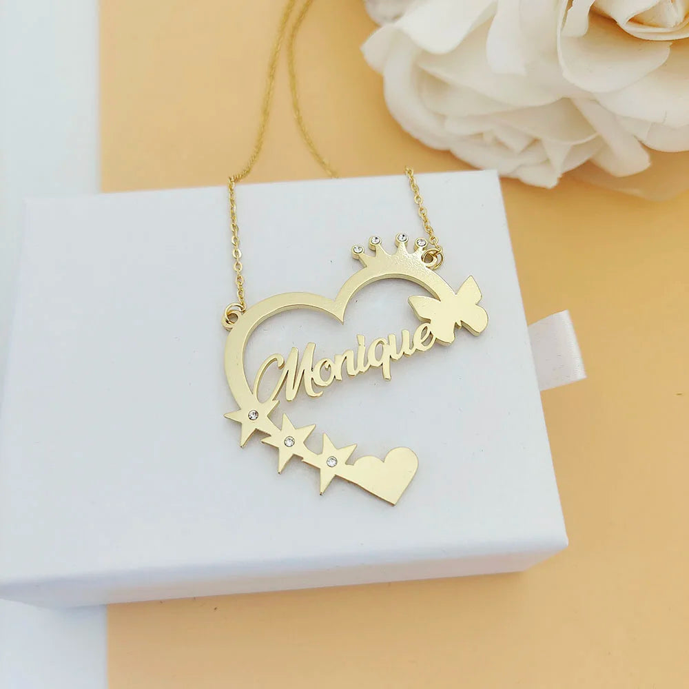 Custom Name Necklace/Stainless Steel Name Pendant ,Necklace with Butterflies and Stars Heart Jewelry gifts