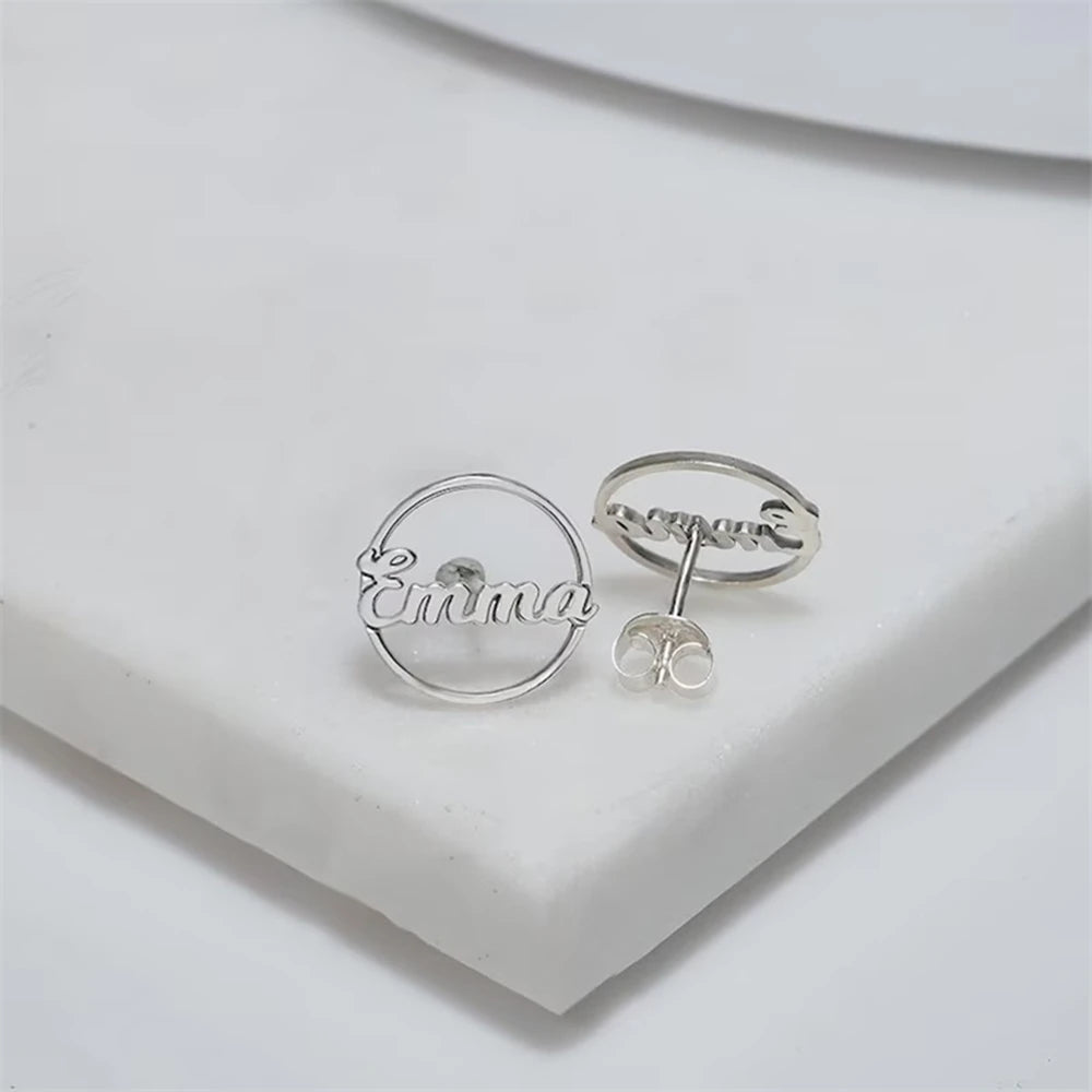 Custom Name Earrings for Women Girls Stainless Steel Personalize Name Tiny Round Ear Studs Charm Exquisite Party Jewelry Gifts