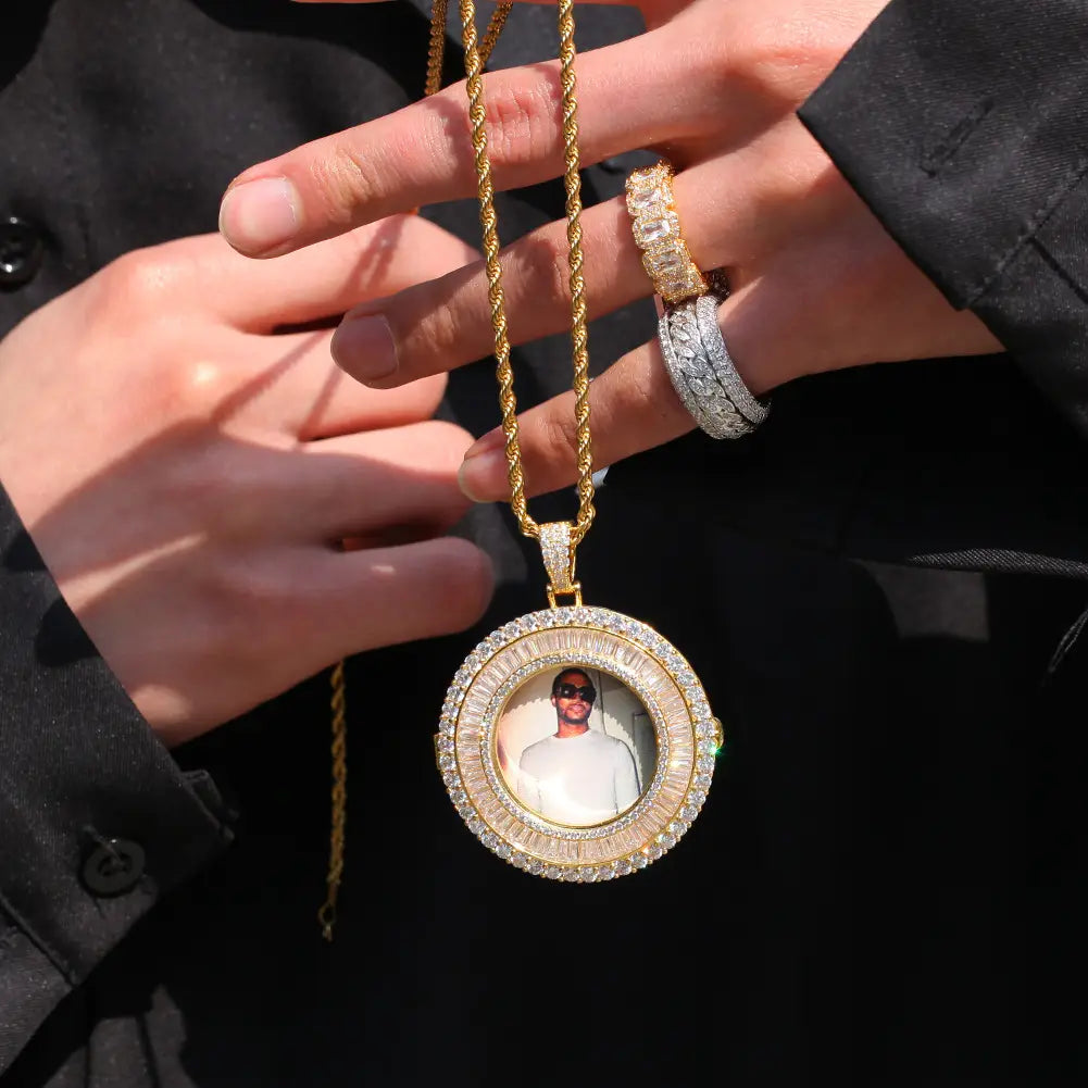 Gold Micro Inlaid Cubic Personalized Photo Pendant Necklace with diamond rings and charm.