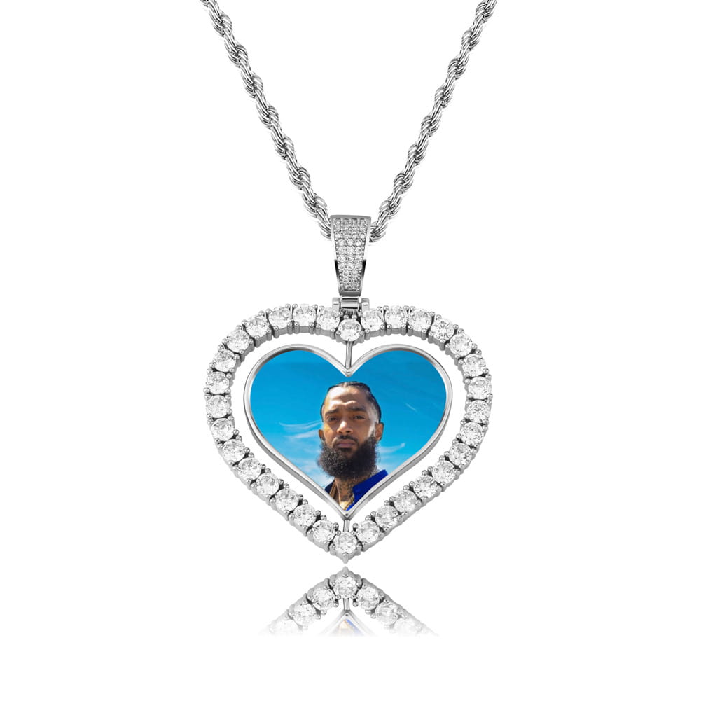 Heart-shaped zircon solid pendant necklace with love photo custom design displayed elegantly.
