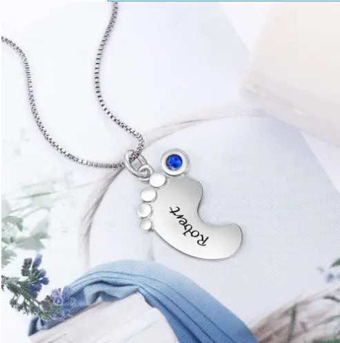 Personalized Name Necklace with Baby Feet in Stainless Steel Jewelry