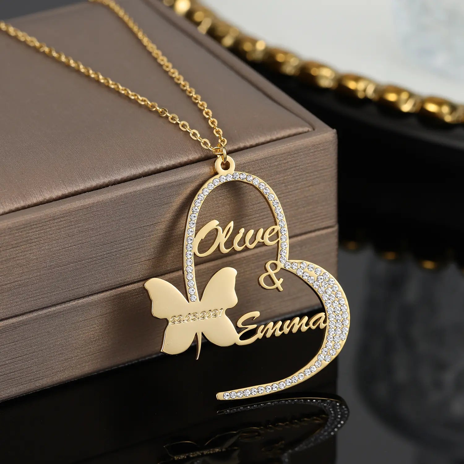 DIY Name Butterfly Necklace in Stainless Steel with Peach Heart