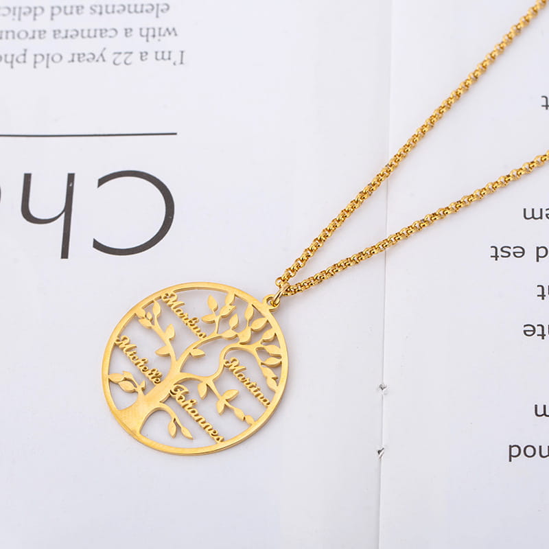 Personalized Tree of Life Shape Titanium Name Necklace in Gold