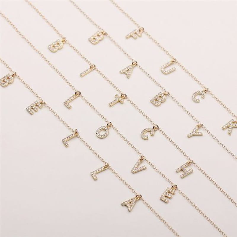 Sparkly Gold Zircon Letter Necklace featuring Diamond-Studded Angel for DIY personalized charm.