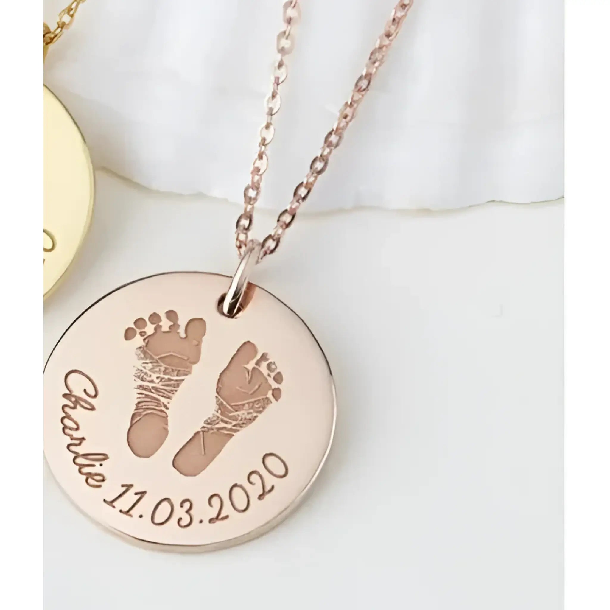 Baby Footprints Metal Necklace Name Birthday - Rose Gold - 7