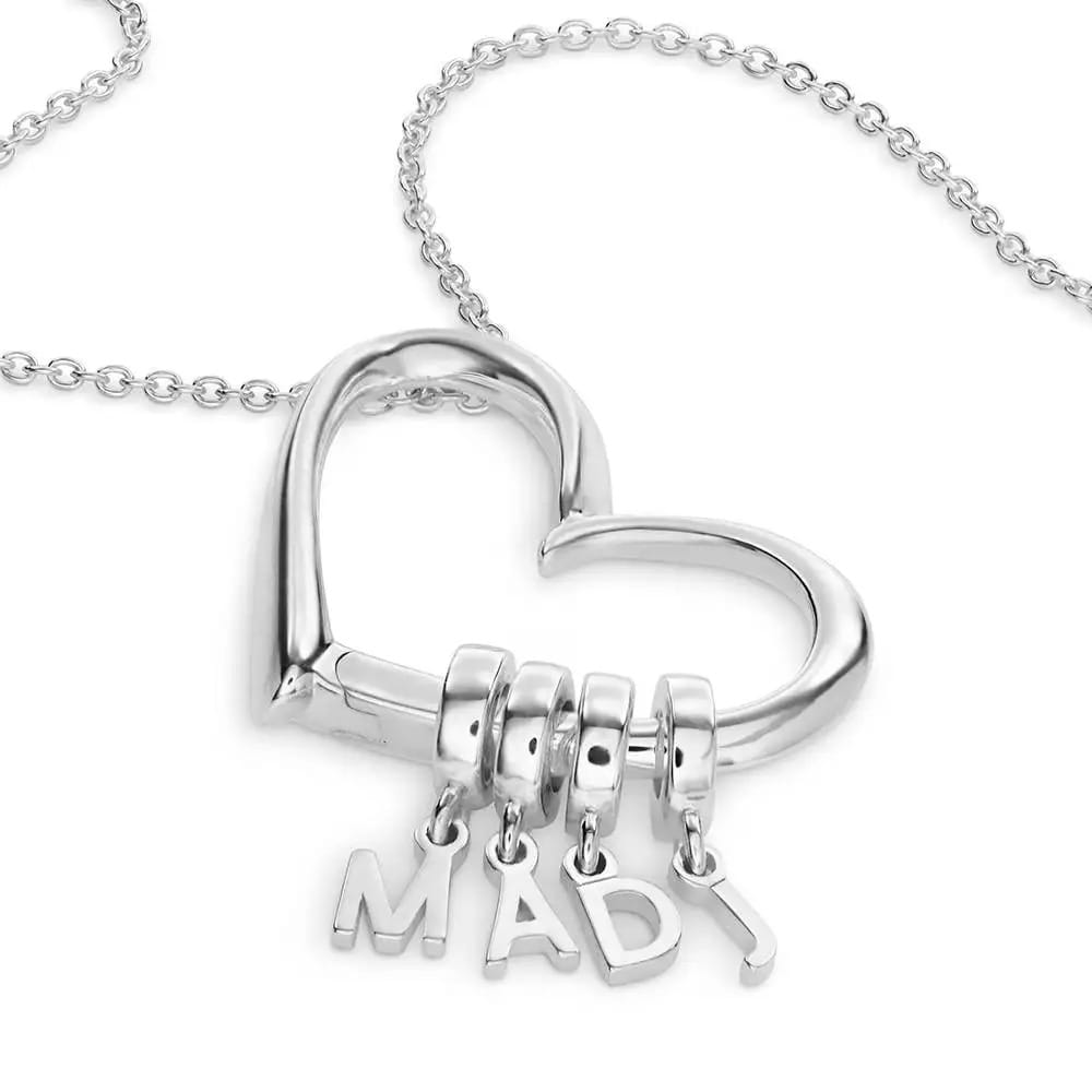 Silver heart pendant necklace with letter charms, abbreviated personalized letter jewelry.