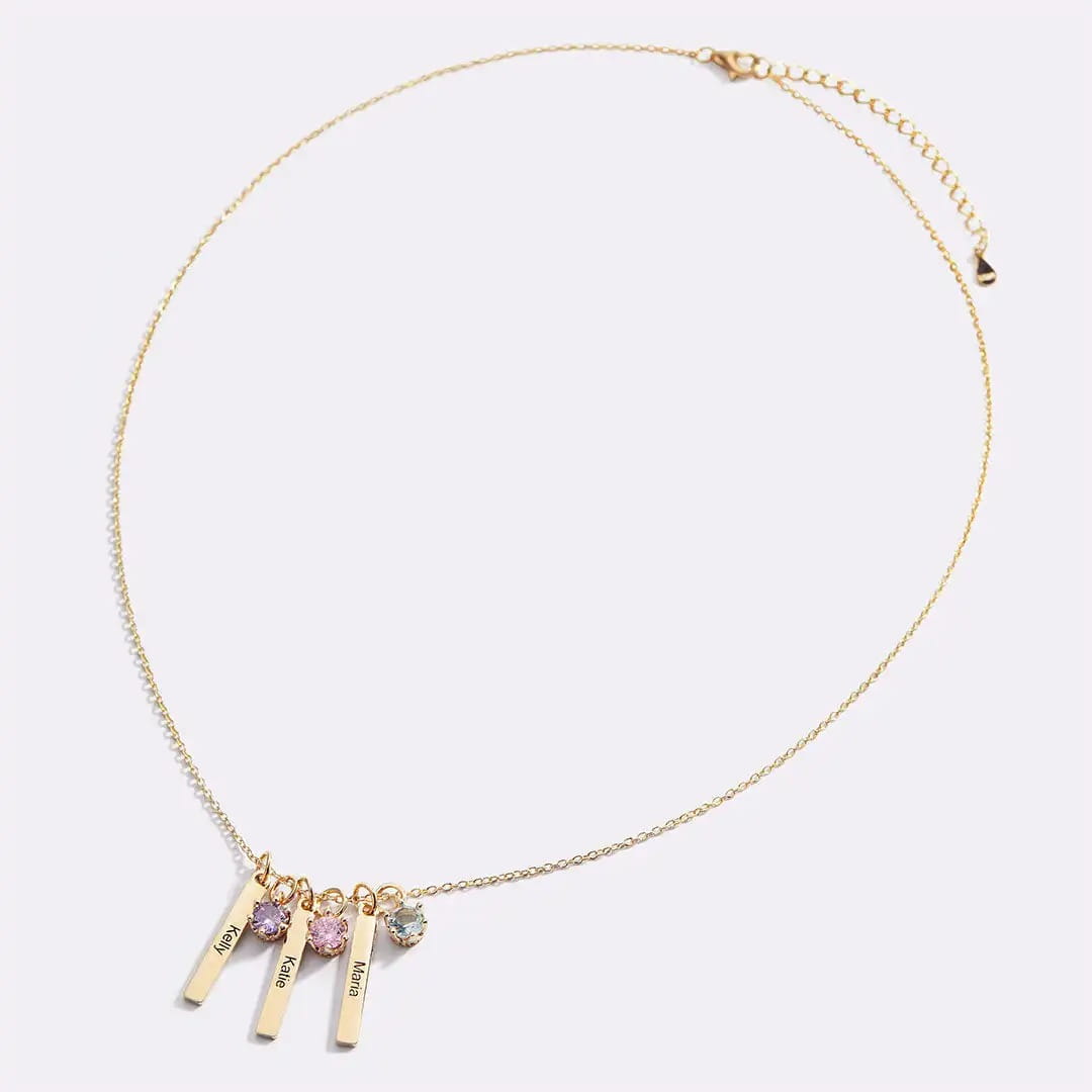Gold stainless steel necklace with personalized name pendants and birthstones.